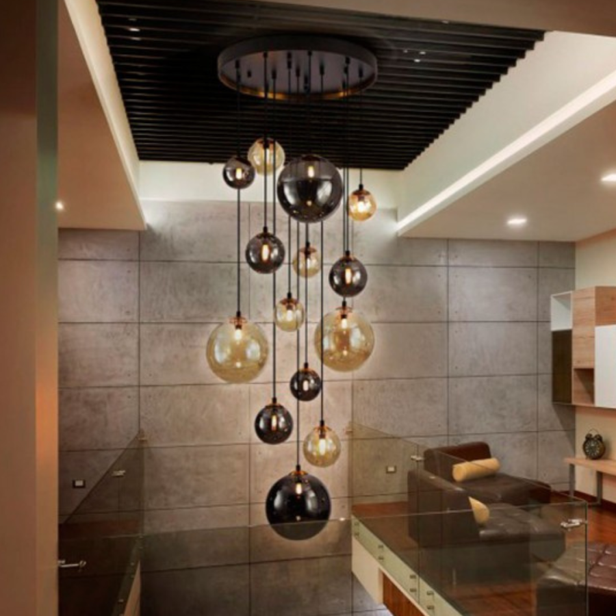 LAMPARA DEC DOBLE ALTURA  14 GLOBOS BLACK SMOKE Y AMBAR COD 4086