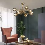 LAMPARA DEC DORADA BRAZOS CURVOS  8 GLOBOS AMBAR E27 Cod. 4395