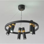 LÁMPARA DECORATIVA ARO Y 6 CILINDROS NEGROS CON DORADO LUZ COD.4057