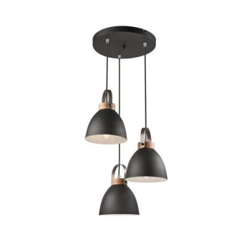 LÁMPARA DECORATIVA COLGAR BASE CIRCULAR NEGRA 3 CAMPANAS NEGRA TOPE DE MADERA 34CM*10CM*10CM COD.3879