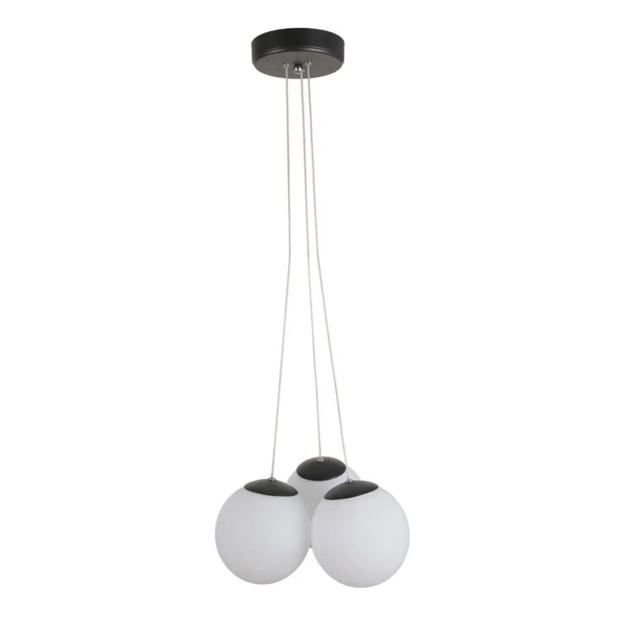 LÁMPARA DECORATIVA DE COLGAR BASE CIRCULAR NEGRA 3 GLOBOS BLANCOS E27 D25*113CM COD.3550