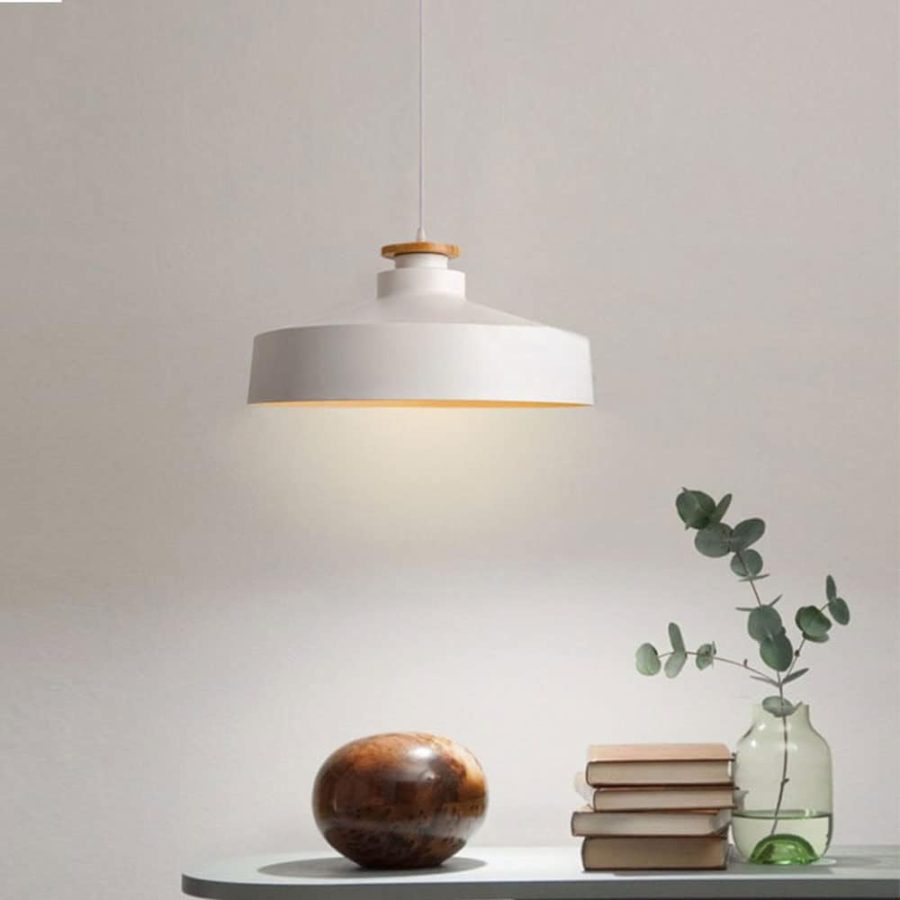 LÁMPARA DECORATIVA CAMPANA BLANCA CIRCULAR TOPE DE MADERA  E27  D40CM COD.4805