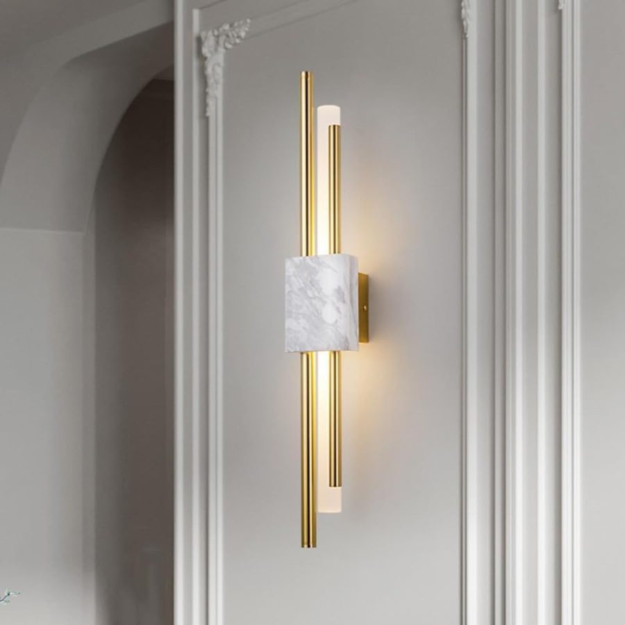 APLIQUE DECORATIVO MÁRMOL BLANCO DOS TUBITOS BRONCES 110V 3000K 60*9CM COD.4580